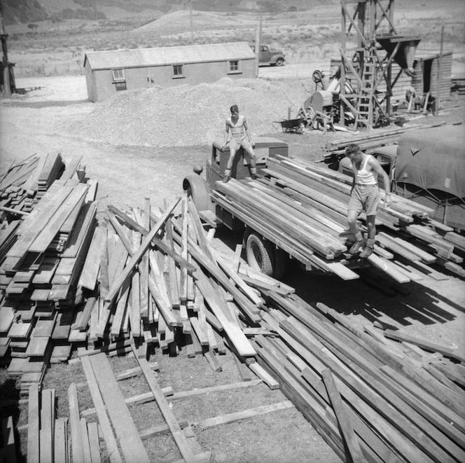 Timber at Mackay's Crossing, Paekakariki, for the construction of a United States servicemen's camps
