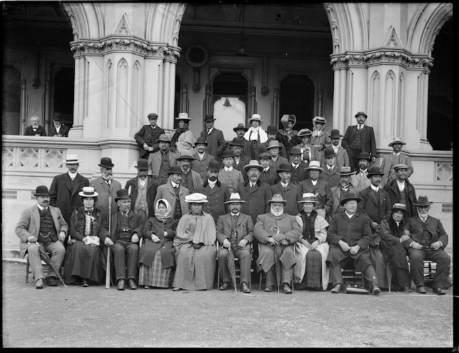 Maori group outside the General Assembly Library, Parliament Buildings, Wellington