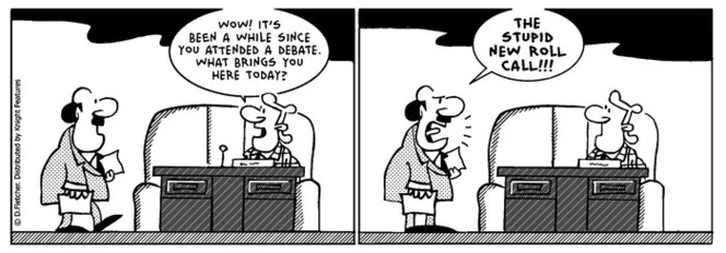 Fletcher, David, 1952- :"Wow! It's been a while since you attended a debate. What brings you here today?" The Politician. 29 January 2014