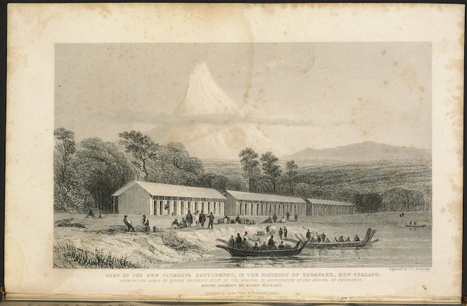 Heaphy, Charles, 1820-1881 :Part of the New Plymouth settlement in the district of Taranake showing the range of houses recently built by the natives in anticipation of the arrival of emigrants. Mount Egmont 30 miles distant. Engraved by J. C. Armytage. London, 1843
