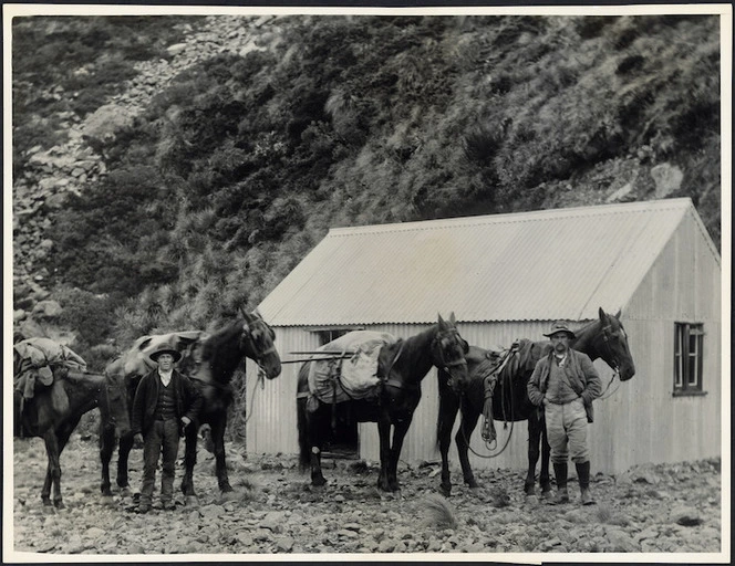 Jack Adamson, and another, with horses, by the original Ball Hut, Canterbury