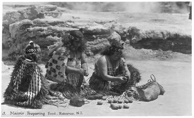 Creator unknown : Photograph of Maori women preparing potatoes, Rotorua