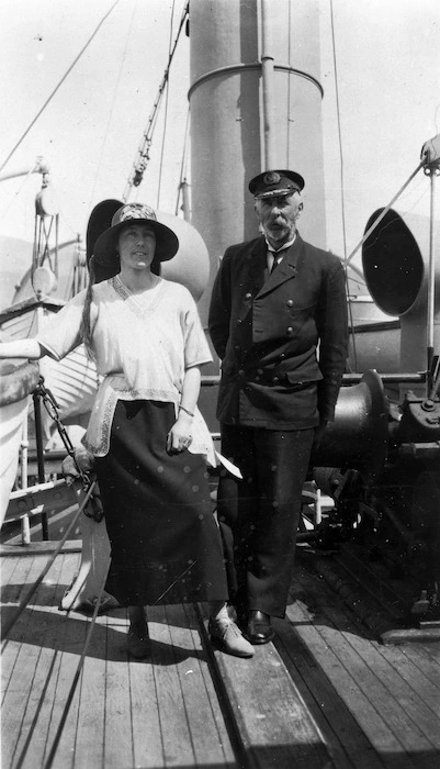 Captain John Peter Bollons, and an unidentified woman, on board the ship Tutanekai at Akaroa
