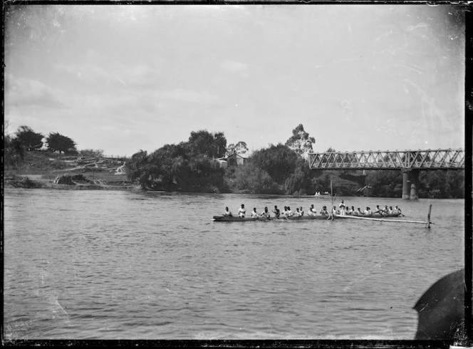 Maori waka on the Waikato River at the Ngaruawahia Regatta.