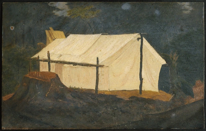 [Furkert, Frederick William] 1876-1949 :[Tent and part of the Public Works Department camp at Ohakune in a bush clearing. ca 1906]