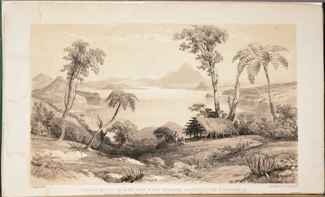 [Merrett, Joseph Jenner], 1816?-1854 :View of Taupo from Te Rapa with Tauhara mountain at a distance where the river Waikato issues from the lake / L Haghe lith. [1843]