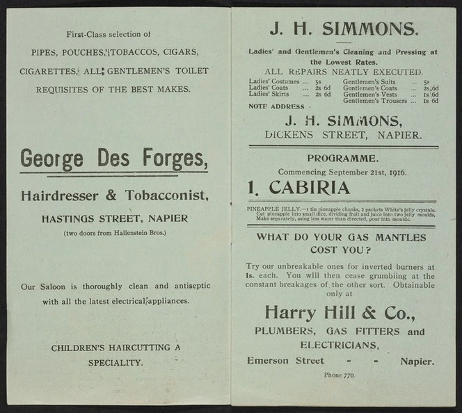 [Empire Theatre (Napier)]: Georges des Forges, J H Simmons, Cabiria, Harry Hill & Co [Programme commencing September 21st 1916. Pages 1 and 2]