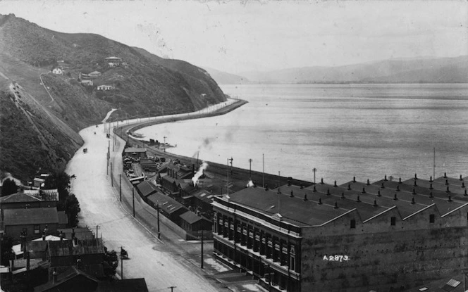 Kaiwharawhara, Kaiwarra Wool Stores building, and the Hutt Road, Wellington