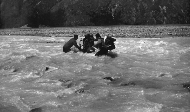 Group fording a side stream of the Rakaia River