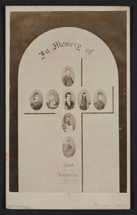 Thompson, D (Wanganui) fl 1875-1878 :Memorial card of those 'lost in the Avalanche' Sep 1877?