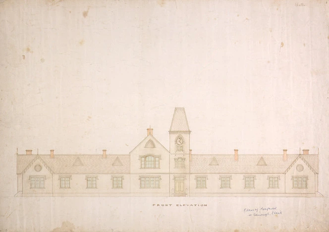 Tait, Robert 1830-1926 :Front elevation [of hospital, possibly in Edinburgh. 1870-80s].