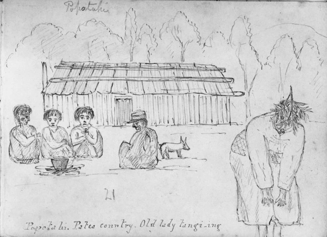 Crawford, James Coutts, 1817-1889 :Papotahi. Patea country. Old lady tangi-ing [21 Jan 1862]