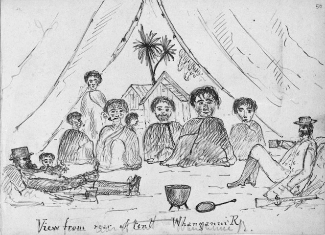 Crawford, James Coutts, 1817-1889 :View from rear of tent Whanganui R[iver] [Dec. 1861]