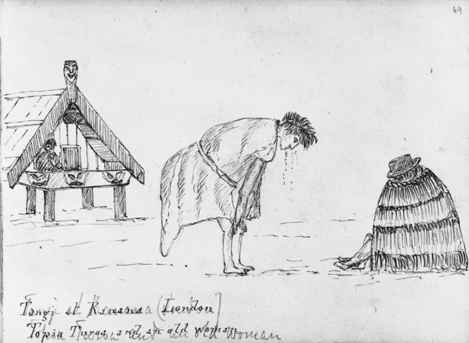 Crawford, James Coutts, 1817-1889 :Tangi at Ranana (London). Topia Turoa and an old woman. [24 Dec. 1861]