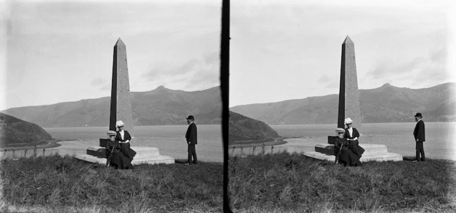 Obelisk monument, and group, at Green's Point, Akaroa