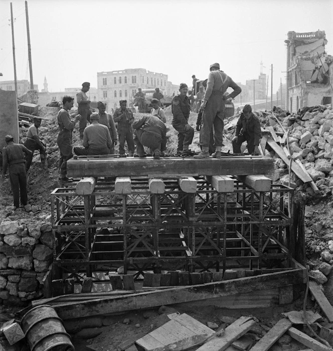 Paton, H fl 1942 (Photographer) : World War 2 New Zealand soldiers constructing a bridge in Tripoli, Libya