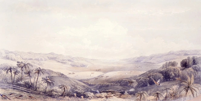 Stack, Frederick Rice :View of the Wairoa Creek (pheasant shooting on the estate of Alexander Kennedy, Esquire) on the road leading to the Wairoa Valley / drawn from nature by F R Stack... ; Day & Son, lithrs to the Queen. - London ; Day & Son, [1862]