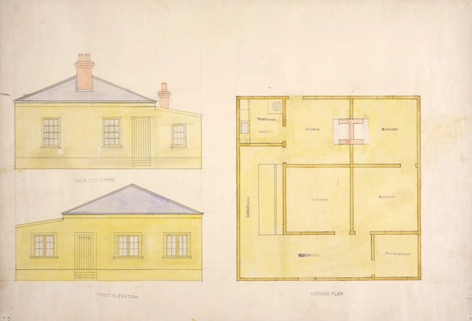 Tait, Robert 1830-1926 :[Ground plan and front and back elevations of single-storey house. 1870-1890s].