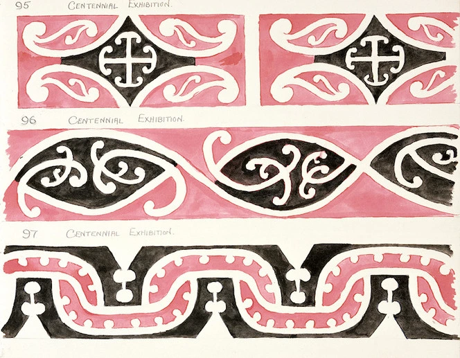 Godber, Albert Percy, 1876-1949 :[Drawings of Maori rafter patterns]. 95. Centennial Exhibition; 96. Centennial Exhibition; 97. Centennial Exhibition. [1939-1947].