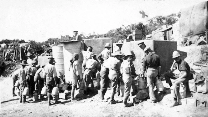 Soldiers and water tanks at the foot of Walker's Ridge, Gallipoli, Turkey