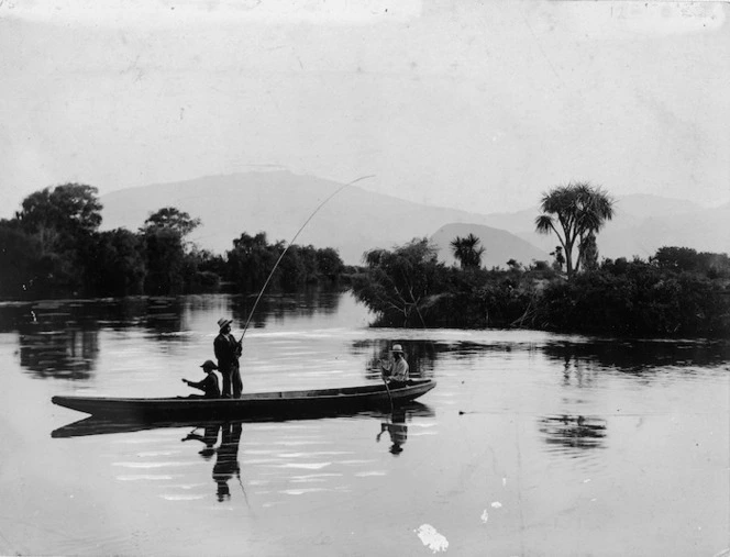 Trout fishing from a waka, Tongariro River