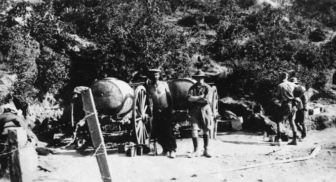 Two soldiers standing guard over water tanks, Gallipoli, turkey