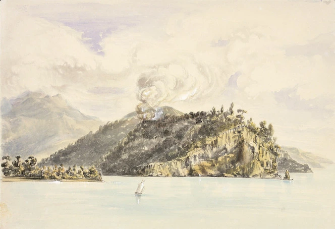 Bent, Thomas, 1833?-1887 :[Tanna with sailboat, cliffs and volcano. 1857-1858].