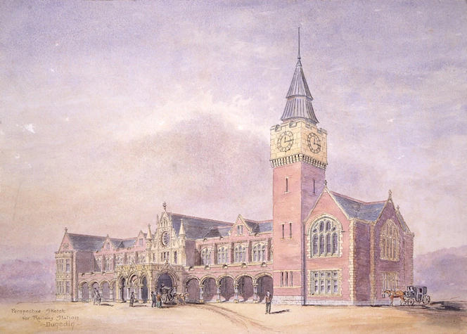 Troup, George Alexander (Sir), 1863-1941 (attributed): Perspective sketch for railway station, Dunedin - [1900?]