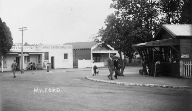 Street corner and shops in the suburb of Milford, Auckland