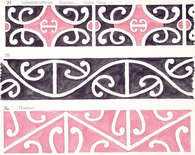 Godber, Albert Percy, 1876-1949 :[Drawings of Maori rafter patterns]. 74. Whakarewarewa. Hinemihi. Guide Rangi; 75. ; 76. Ruatoki. [1939-1947].