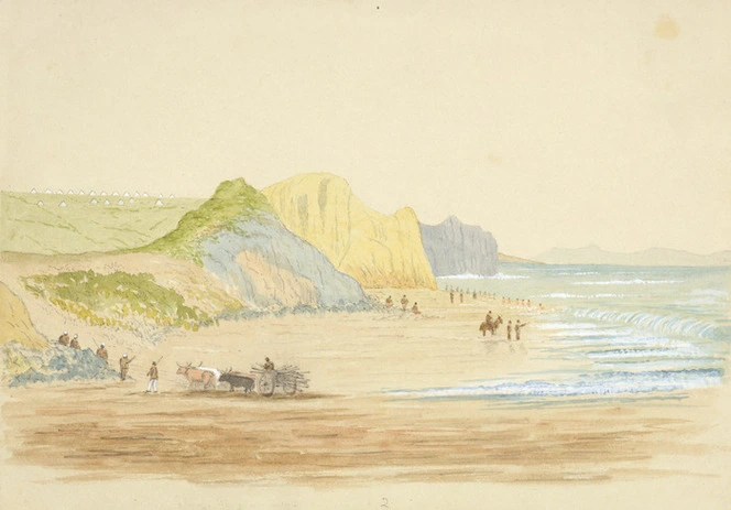 Hamley, Joseph Osbertus, 1820-1911 :Soldiers bathing. Wanganui Beach [January 1865?]