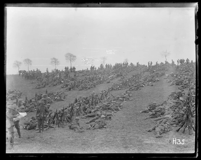 New Zealand troops resting after a field day in training