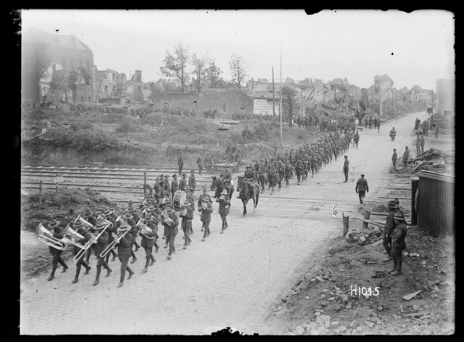 A New Zealand Battalion passing through recaptured Bapaume, World War I