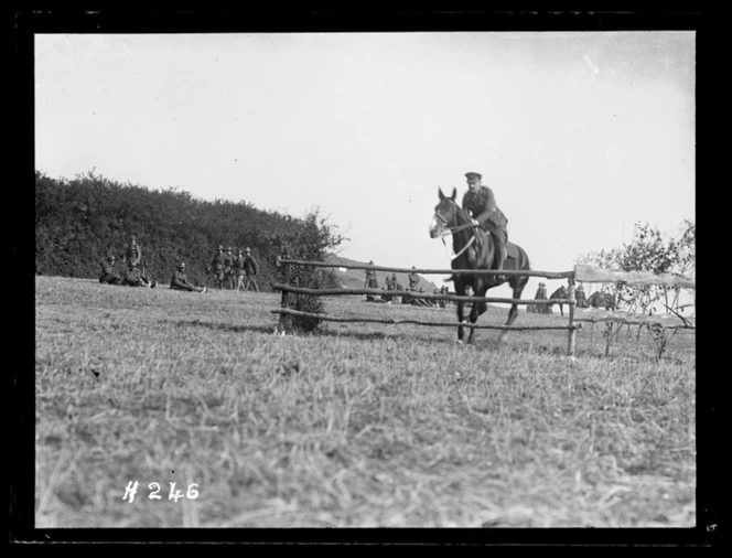 A horse and rider prepare to jump at the Anzac Horse Show, World War I