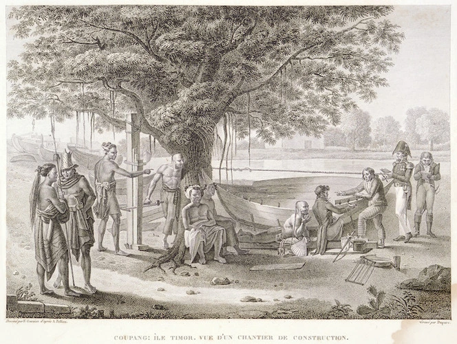 Pellion, Alphonse, 1796-1868 :Coupang; Ile Timor. Vue d'un chantier de construction. Grave par Duparc; dessine' par F. Garnier d'apres A. Pellion [1825]