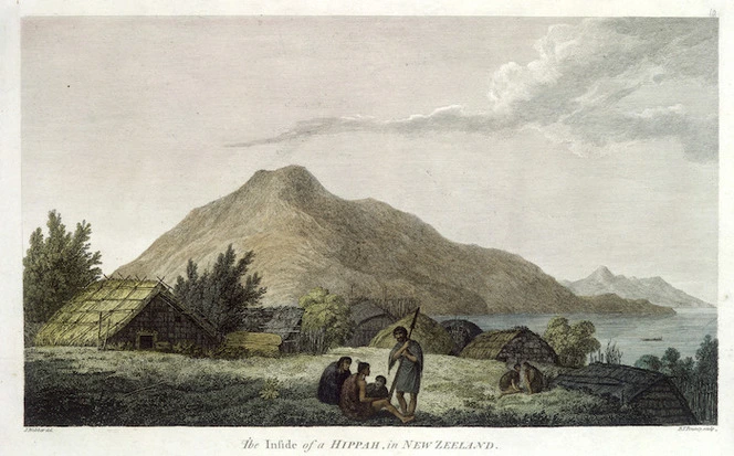 Webber, John, 1751-1793 :The inside of a hippah, in New Zealand. J. Webber del; B. T. Pouncy sculp. [London, Strahan, 1784]