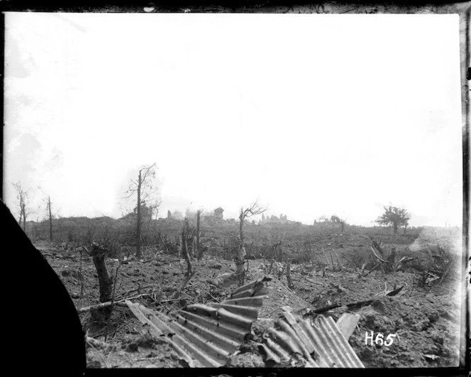 Messines battlefield, Belgium, during World War I, with shells bursting in the distance