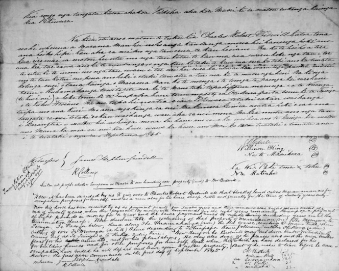Hand written deed leasing Maramamau, Wairarapa, to C R Bidwill, signed by Wi Kingi, Manihera, Bidwill and others