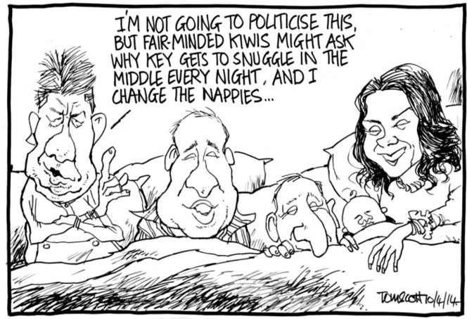 Scott, Thomas, 1947- :"I'm not going to politicise this, but fair-minded Kiwis might ask why Key gets to snuggle in the middle every night, and I change the nappies..." 10 April 2014