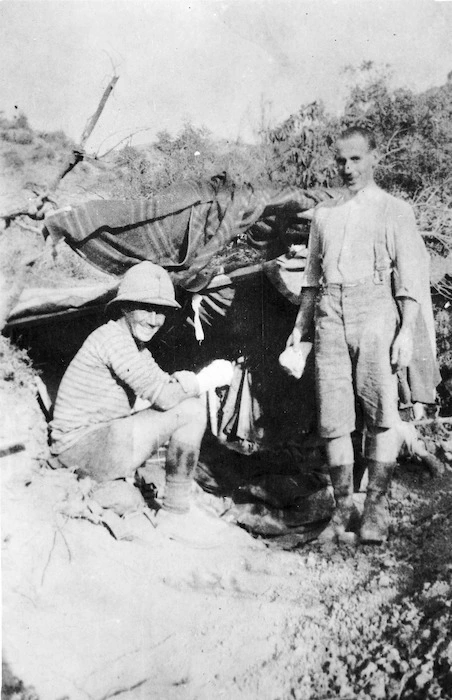 Two soldiers at the entrance of a dug-out, Gallipoli, Turkey