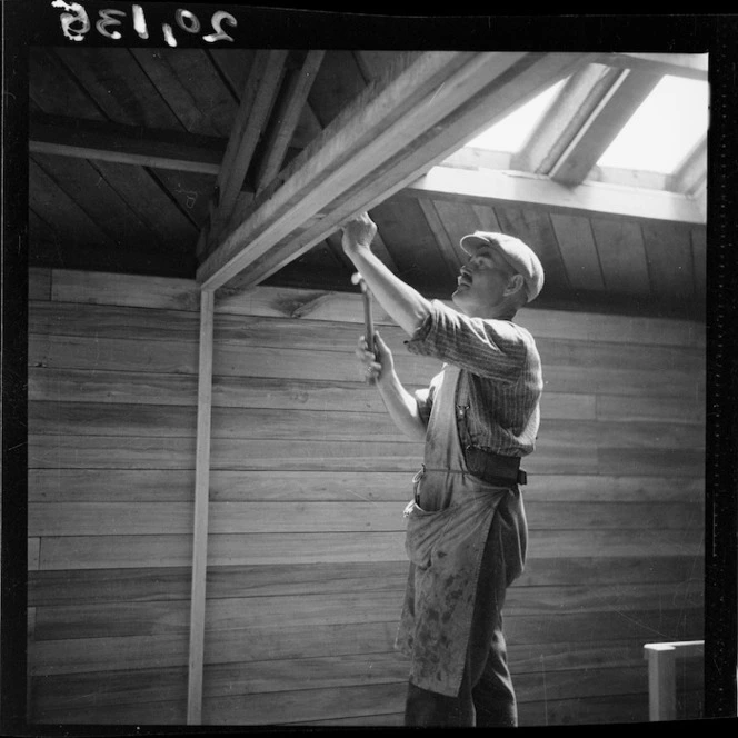 Carpenter constructing a food store for the United States servicemen's camps at Paekakariki