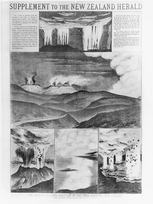 Page from a supplement to the New Zealand Herald newspaper, featuring sketches of Mount Tarawera by E W Payton