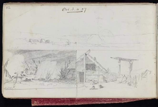 Mantell, Walter Baldock Durrant, 1820-1895 :[Survey camp 3 Oct [1848]; [Camp at night] 4 Oct [1848]; [Whare and food platform] 7 Oct [1848]