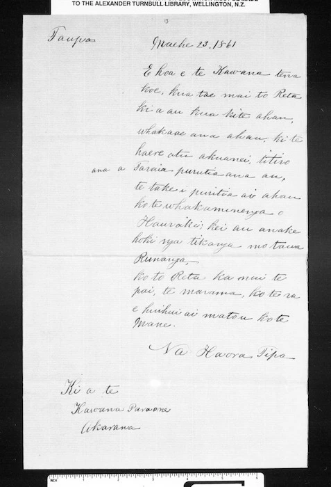 Letter from Haora Tipa to Governor Browne