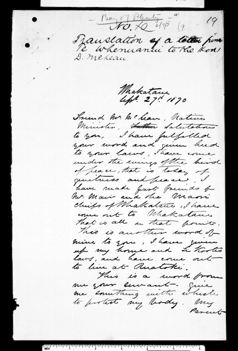 Letter from Te Whenuanui to McLean (with translation)