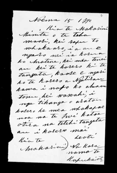 Letter from Karanama Te Kapukaiota to McLean