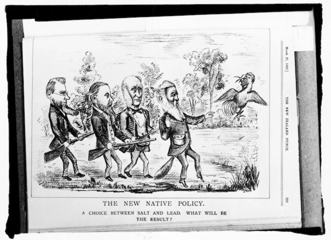 Cartoonist unknown :The New Native Policy. The New Zealand Punch [Wellington], 27 March 1880. J H W