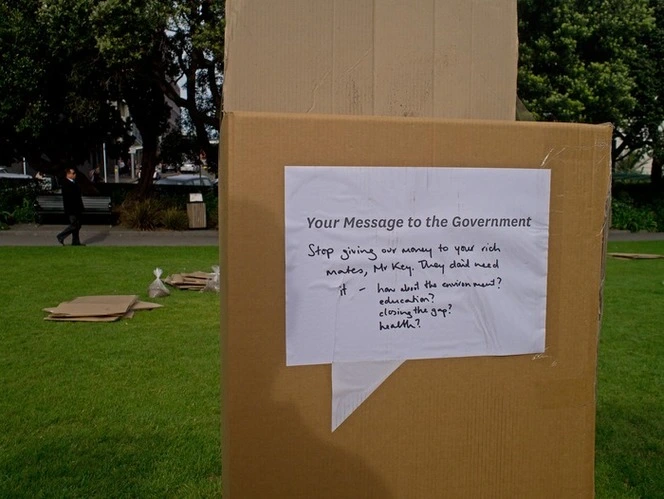 Cardboard casino gambling laws protest, Wellington, November 2013