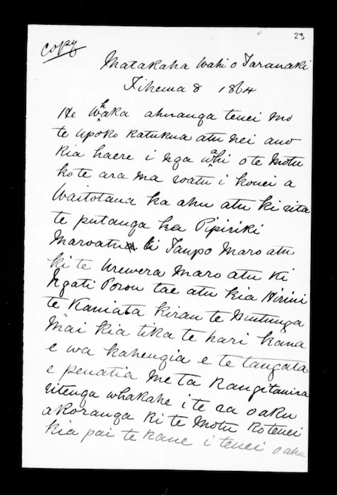 Copy of letter from Te Ua Haumere to Hirini Te Kani a Takirau
