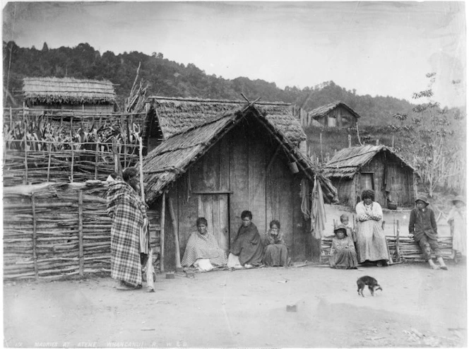 Maori group outside whare in Atene - Photograph taken by Wrigglesworth & Binns